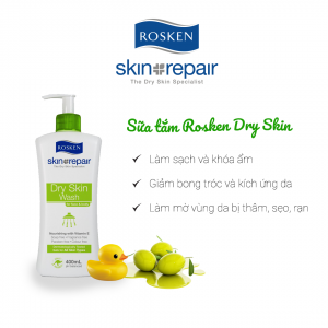 Sữa tắm Rosken Dry Skin giúp làm sạch và khóa ẩm, giảm bong tróc và kích ứng da, làm mờ vùng da bị thâm - sẹo - rạn da