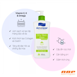 Sữa tắm Rosken Dry Skin chứa Vitamin E, K và Omega giúp làm sạch và tạo lớp màng bảo vệ da. Kích thích tạo Collagen và Elastin. Đồng thời cần bằng pH và cấp ẩm tức thời