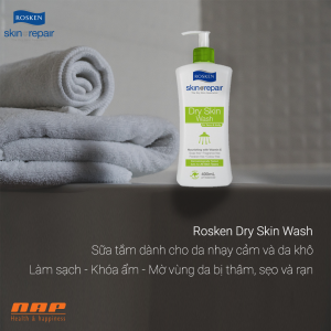 Rosken Dry Skin Wash là sữa tắm dành cho da nhạy cảm và khô. Giúp làm sạch, khóa ẩm và làm mờ vùng da bị thâm - sẹo - rạn